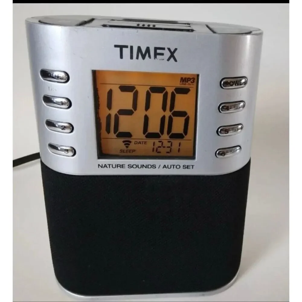 Timex Tuning Clock Radio With MP3 Line & Nature Sounds Silver Black Alarm